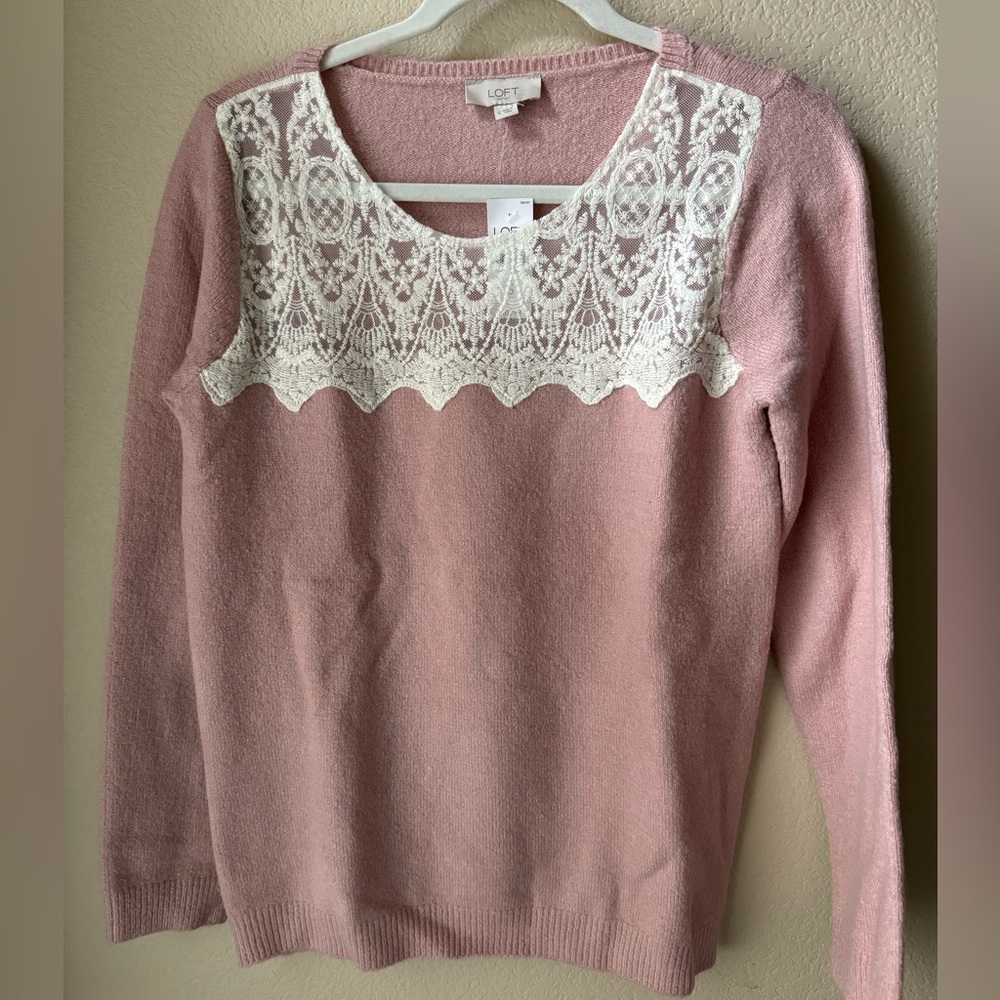 Lace front yoke pink sweater. NWT!